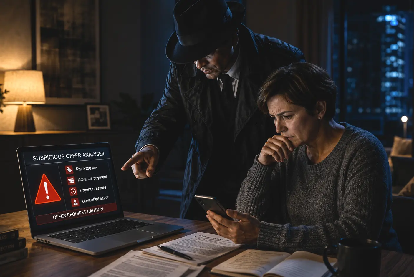 Détective qui assiste une personne dans l’analyse d’un devis
